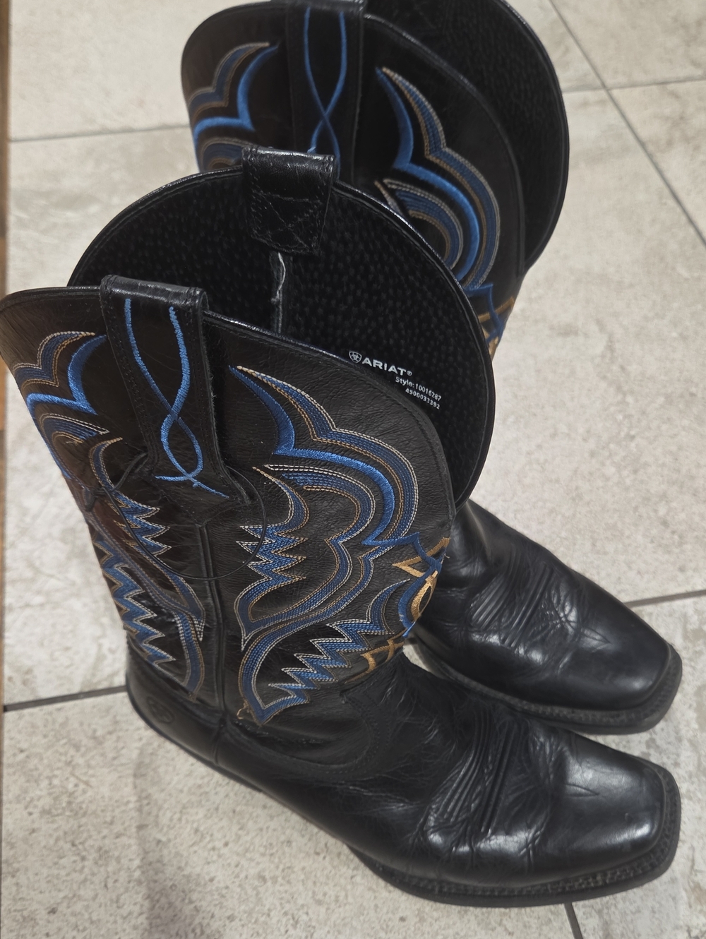 Ariat Bronc Buster Black Western Cowboy Boots with Blue Accent Stitching